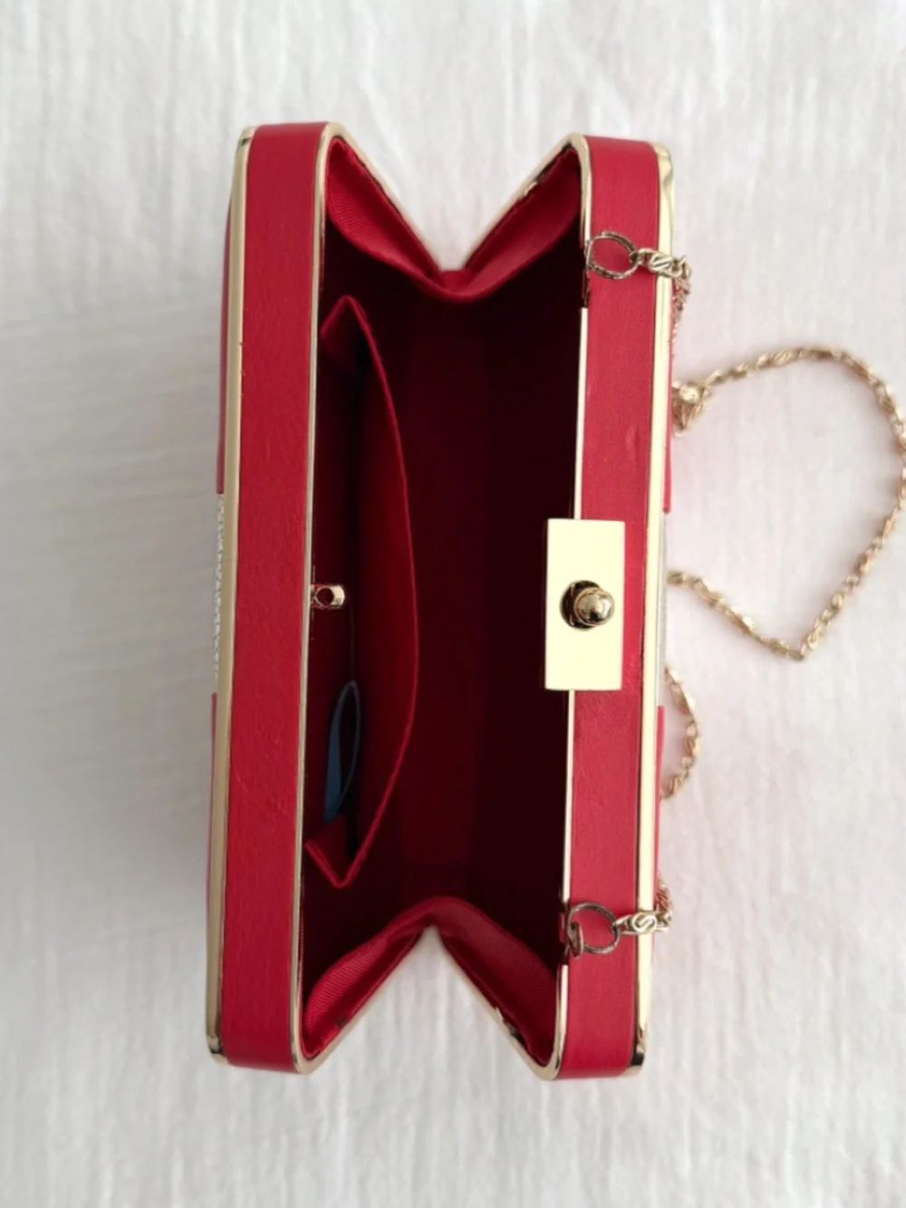 J. McLaughlin Small Red & Gold Leather Clutch Shoulder Purse w/ Gold Chain